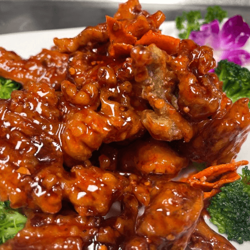 Sesame chicken with broccoli and garnishes